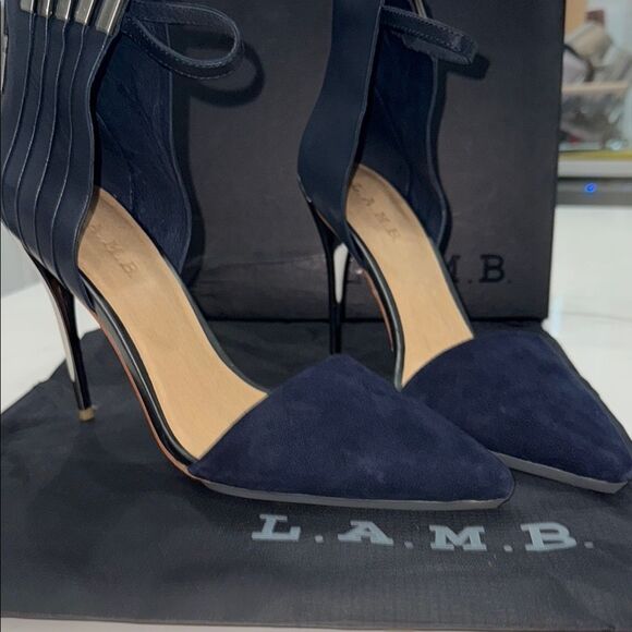 L.A.M.B. Navy and Silver Suede, Leather and Metal Heels - Picture 2 of 16